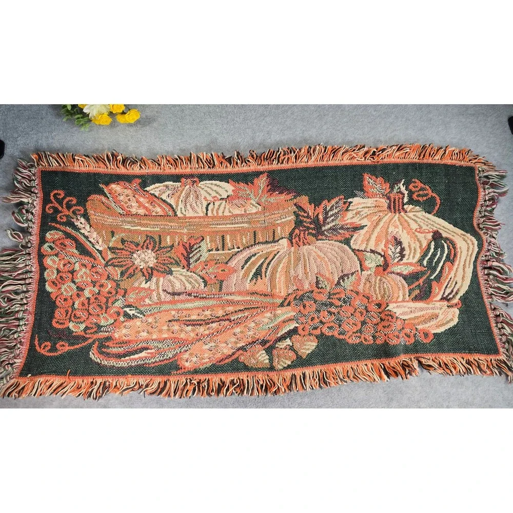 Vintage Fall Tapestry Runner 36x18 Orange Harvest Pumpkin Autumn Decor 90s Farm
